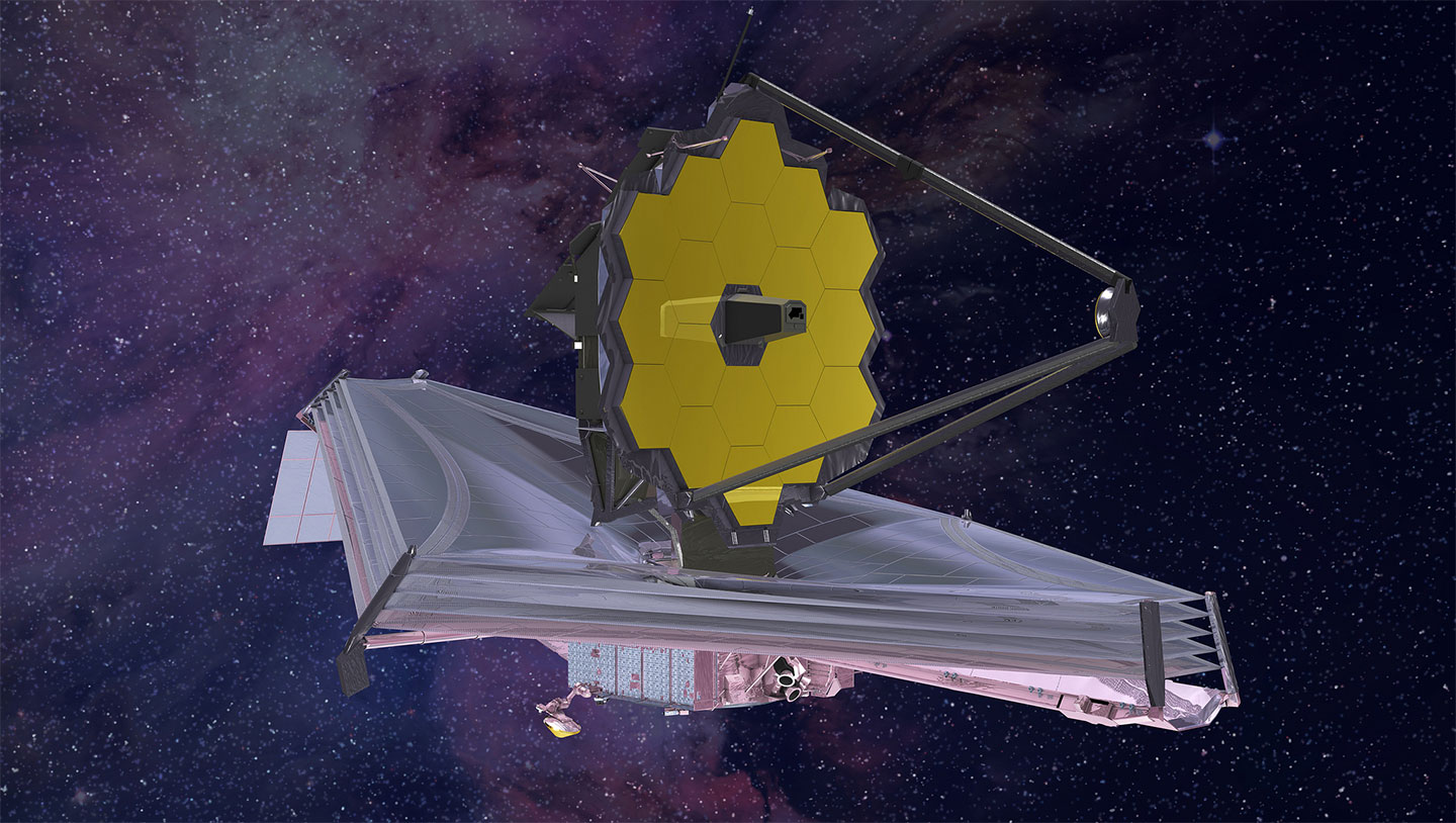 an illustration of the unfulred James Webb Space Telescope