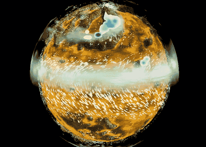 in this climate model, a yellowish planet with large, dark brown mountain ranges mostly ringing its poles rotates. Wispy white clouds encircle the equator and poles growing lighter and heavier with changing seasons. Small white arrows indicate the direction winds are projected to blow.