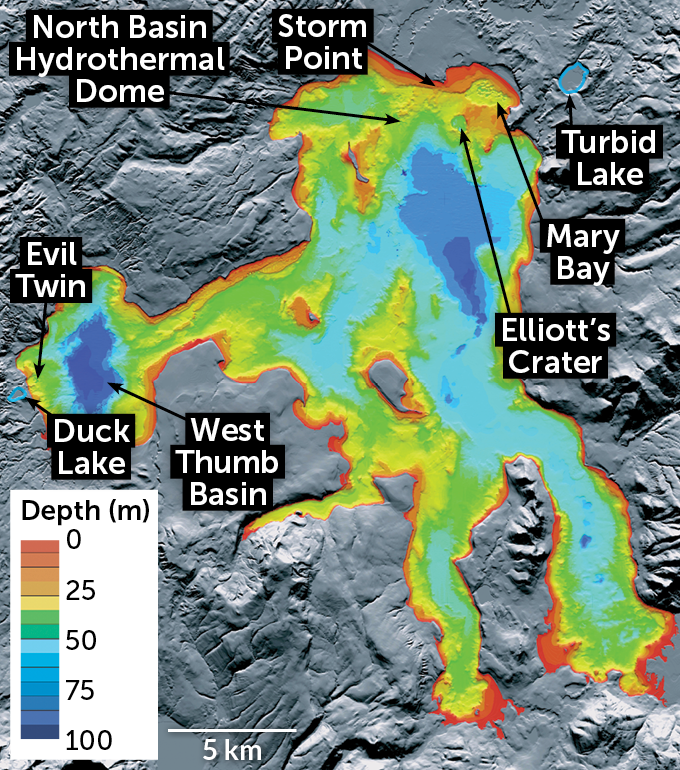 A bathymetric map of the floor of Yellowstone Lake, with colors indicating lake depth