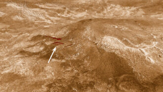 Sif Mons on Venus with recent lava flow (arrow)