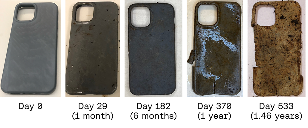 phone cases made from biodegradable plastic after 0, 29, 192, 370 and 533 days