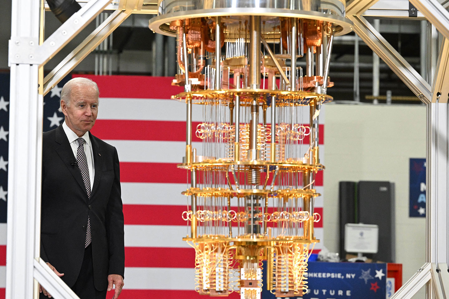President Biden examines a quantum computer