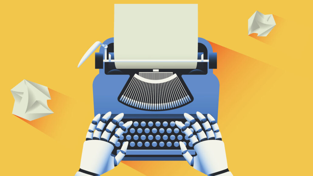 an illustration of white robot hands on a blue typewriter, a blank sheet of paper is in the typewriter and there are two wadded up paper balls to either side of the typewriter