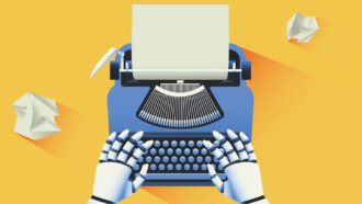 an illustration of white robot hands on a blue typewriter, a blank sheet of paper is in the typewriter and there are two wadded up paper balls to either side of the typewriter