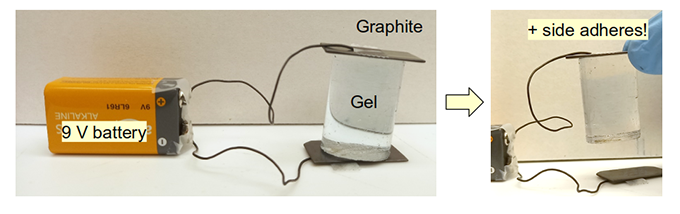 an example setup using a battery and graphite to adhere gel to the graphite