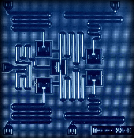 A photo of a quantum computing chip, showing the qubits the quantum computer uses in calculations.