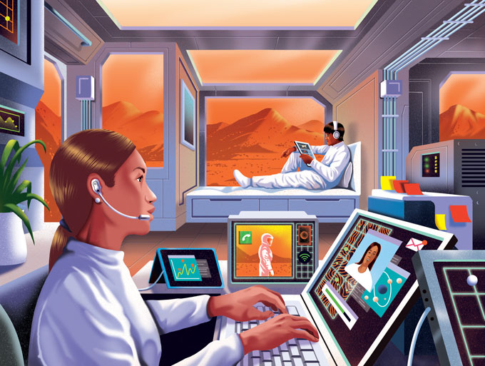 an illustration of astronauts inside a living habitat on Mars, streaming entertainment and communicating with Earth