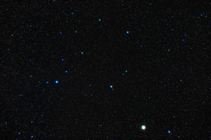 Stars show up as bright spots on an inky dark background. Toward the left, a handful of stars make a C shape. That's a constellation called Corona Borealis where in the coming months, a nova will show up as a temporary new star, astronomers say.