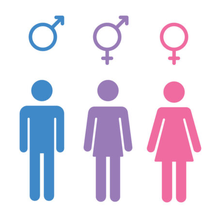 Three symbols for people, a blue male, a purple person wearing a tunic, and a pink person wearing a dress. Above their heads are the symbols for male, transgender, and female (respectively)