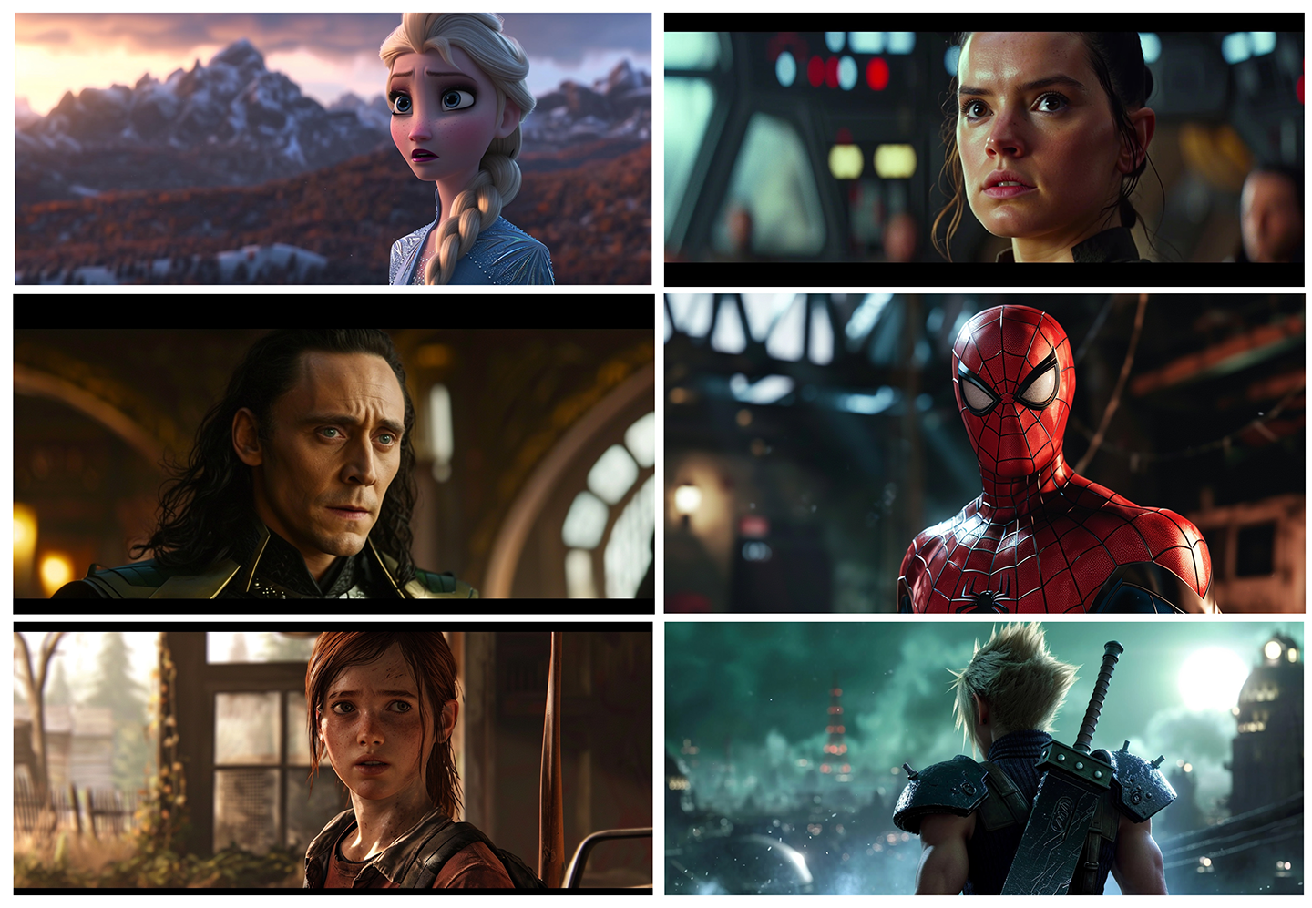 a set pf six images generated using the word 'screencap' showing characters that strongly resemble copyrighted characters. From top left to bottom right: Elsa from Frozen, Rey from Star Wars, Loki (middle left) and Spiderman (middle right) from the Marvel movieverse, Ellie from the videogame 'The Last of Us' and Cloud Strife from Final Fantasy VII videogame