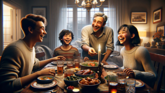 an AI generated image showing an illustration of overly happy (almost creepily so) people around a family dinner table