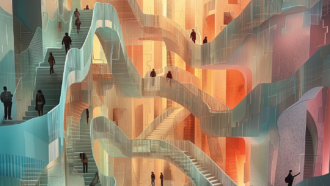 an AI generated image showing impossible architecture, curving and swoopy staircases with impressions of people walking up and down them