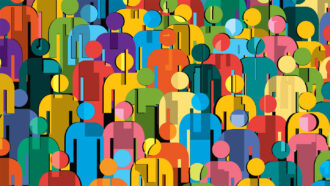 lots of humans (represented by a circle head floating above a squared off body) in different colors and overlapping slightly