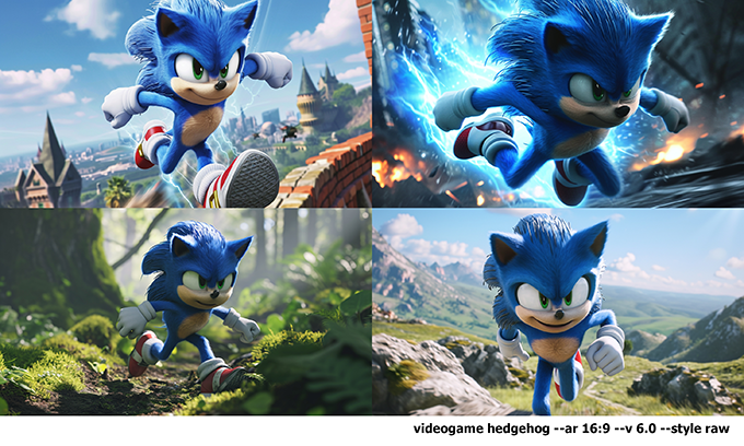 a set of four images generated by AI with the prompt "videogame hedgehog" - all of them look very much like Sonic the hedgehog