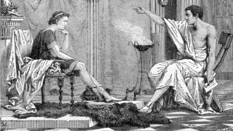 black and white illustration of Aristotle educating Alexander the Great