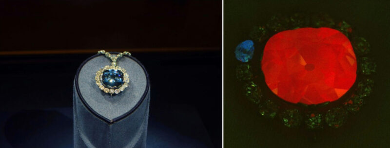 On the left, the blue Hope Diamond sits on a tear-shaped stand under visible light. It's ringed by smaller white diamonds. On the right, the same stone glows a bright red under UV. One of the diamonds ringing it glows a subtle blue. 