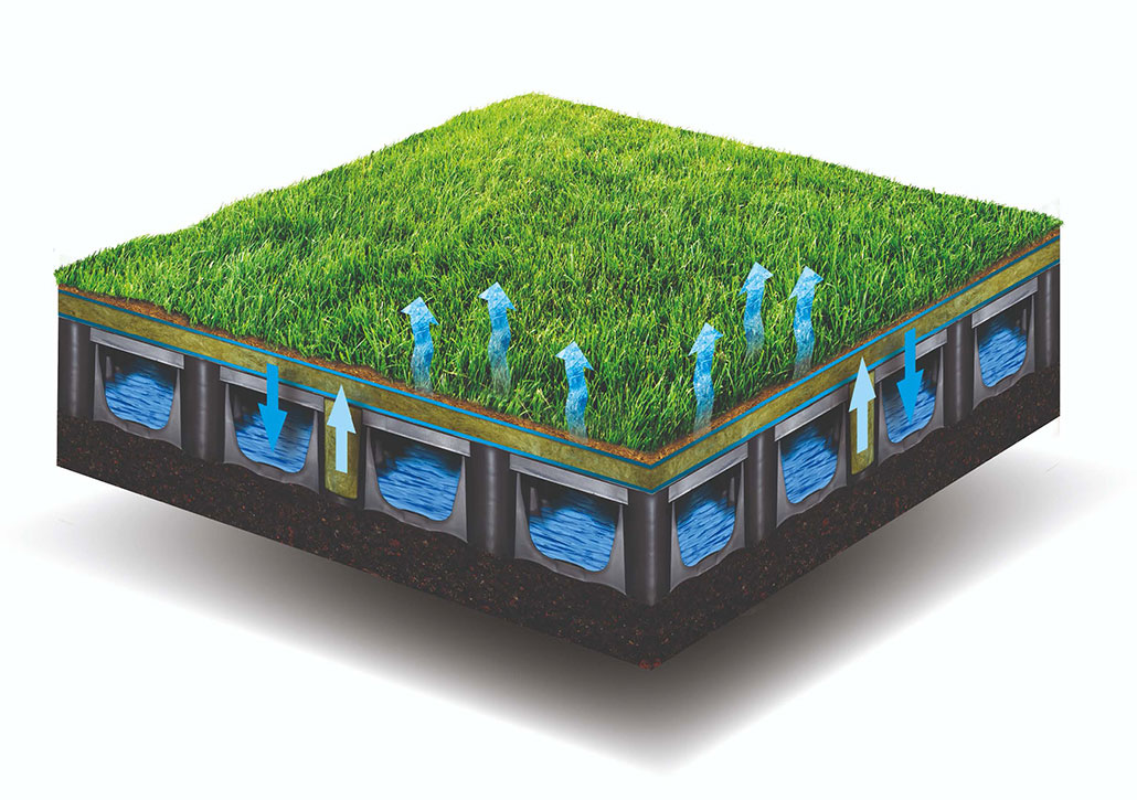 a cut section showing chambers to hold water under artificial turf