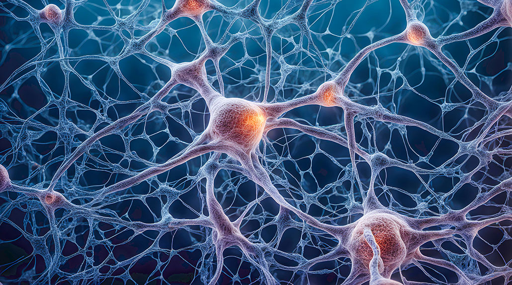 an illustration of the inside of a neural network, showing numerous connections between neurons