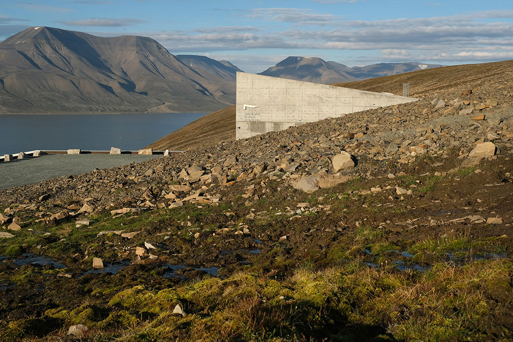 Water trickles down a hillside among moss next to the entrance to the Svalbard Global Seed Vault during a summer heat wave as mountains behind stand devoid of snow on Svalbard archipelago on July 29, 2020 in Longyearbyen, Norway. The seed vault is mostly buried underground, but the entrance can be seen jutting out of the ground.