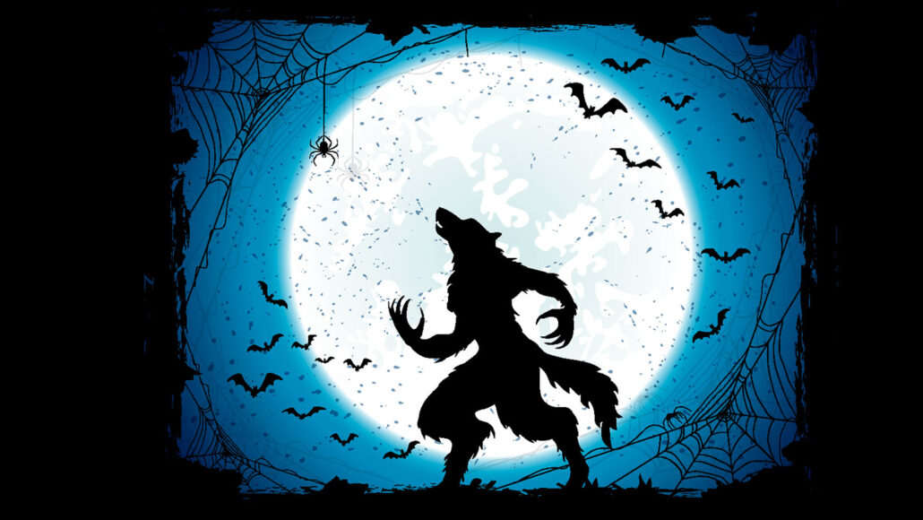 A full white moon outlines the silhouette of a werewolf standing. SPider webs cover the corners of the picture and bats flutter around the werewolf.