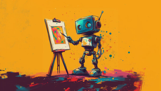 a brightly colored AI image of a robot painting a canvas on an easel