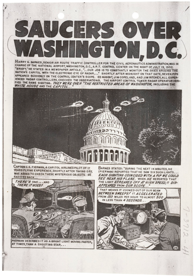 a page from a black and white comic strip, with the headline 'SAUCERS OVER WASHINGTON, D.C.'