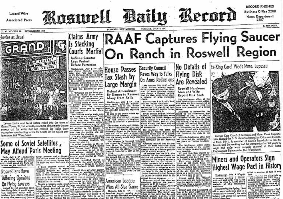 an image showing the front page of a newspaper from 1947, the Roswell Daily Record. In the top right half the headline 'RAAF Captures Flying Saucer On Ranch in Roswell Region'