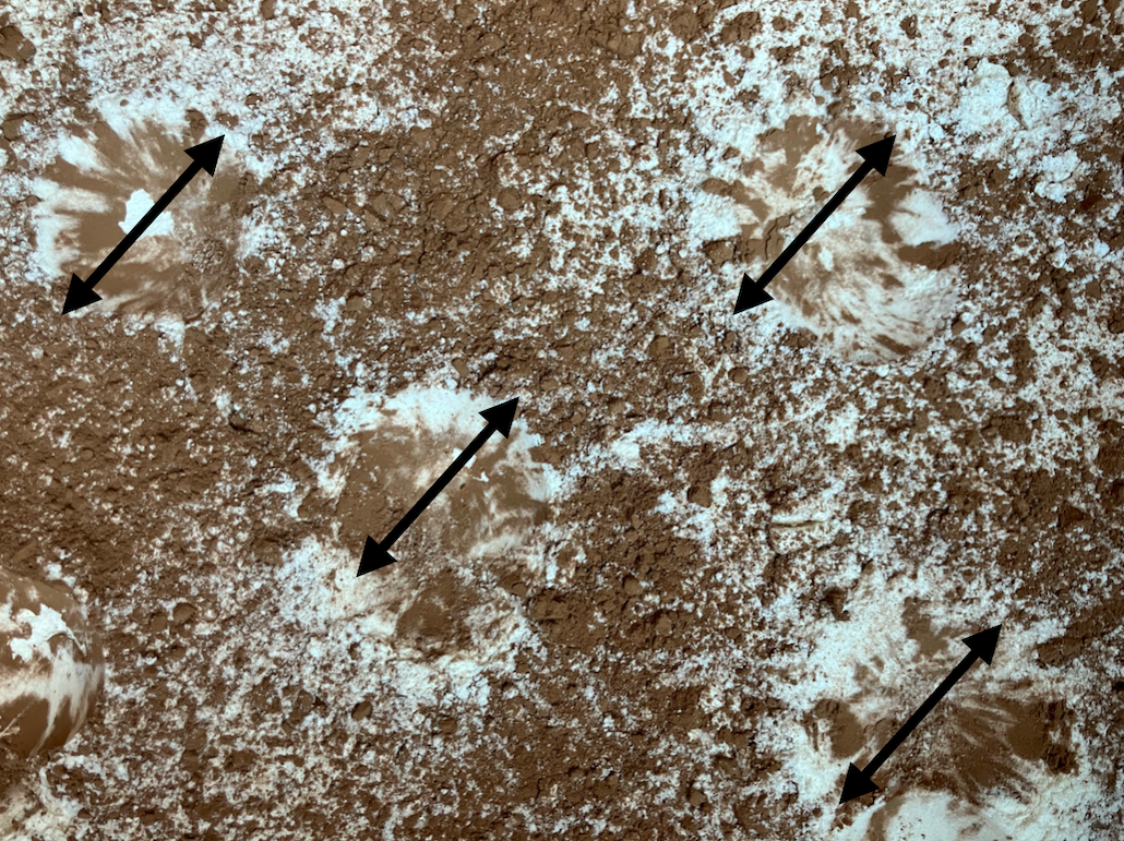 multiple impact craters in a layer of flour and cocoa powder