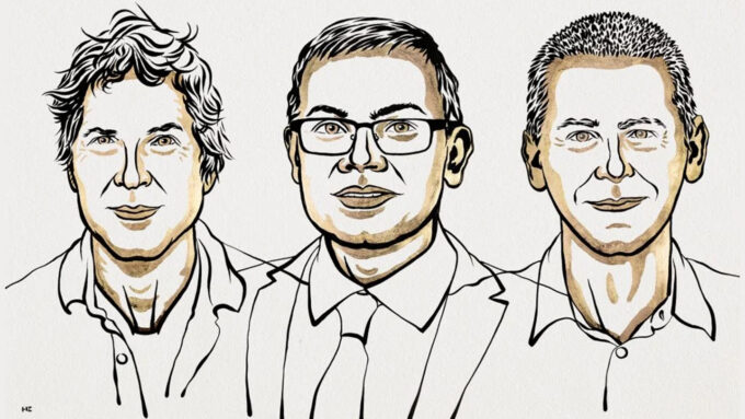 Sketches of Nobel prize winners David Baker, Demis Hassabis and John Jumper.