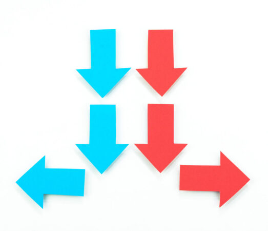 a series of three blue arrows on the left with three red arrows on the right