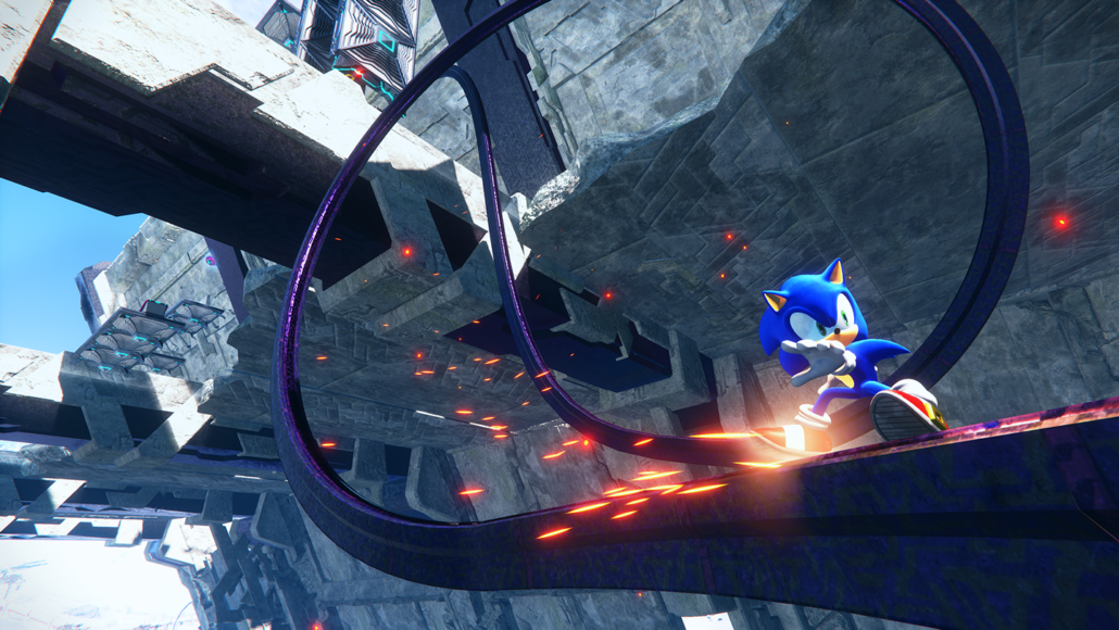 Sonic The Hedgehog grinds along a loop de loop in the air. A gray air fortress is in the background.