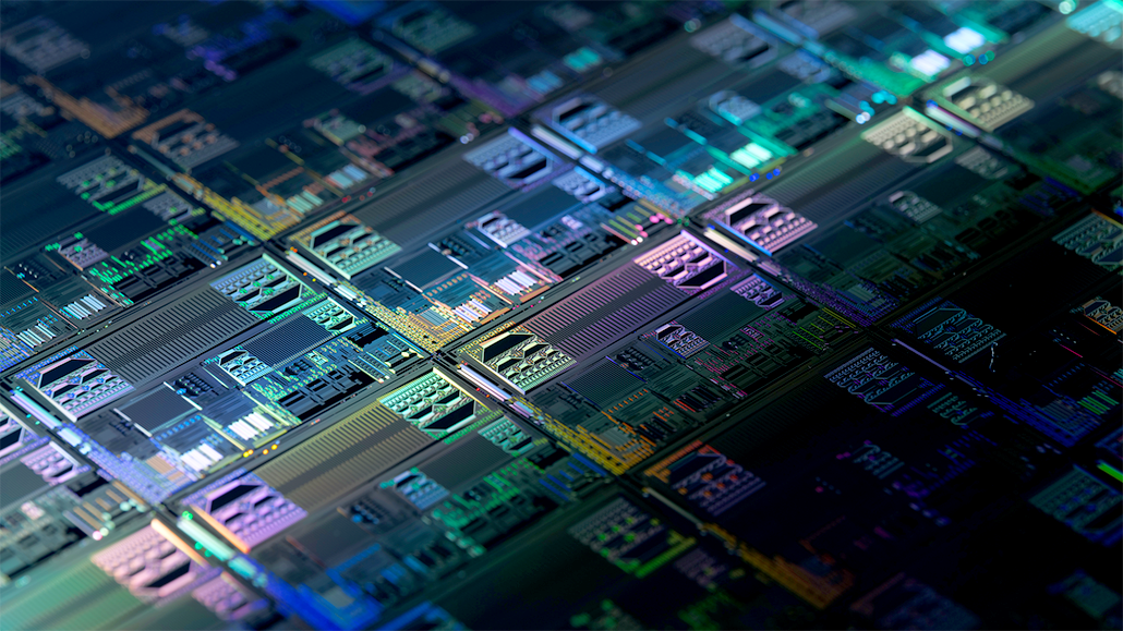 a photo of a silicon wafer with many different chips on it