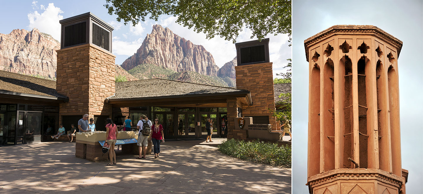 a composite image showing Zion's Canyon Visiter Center and an Iranian windcatcher