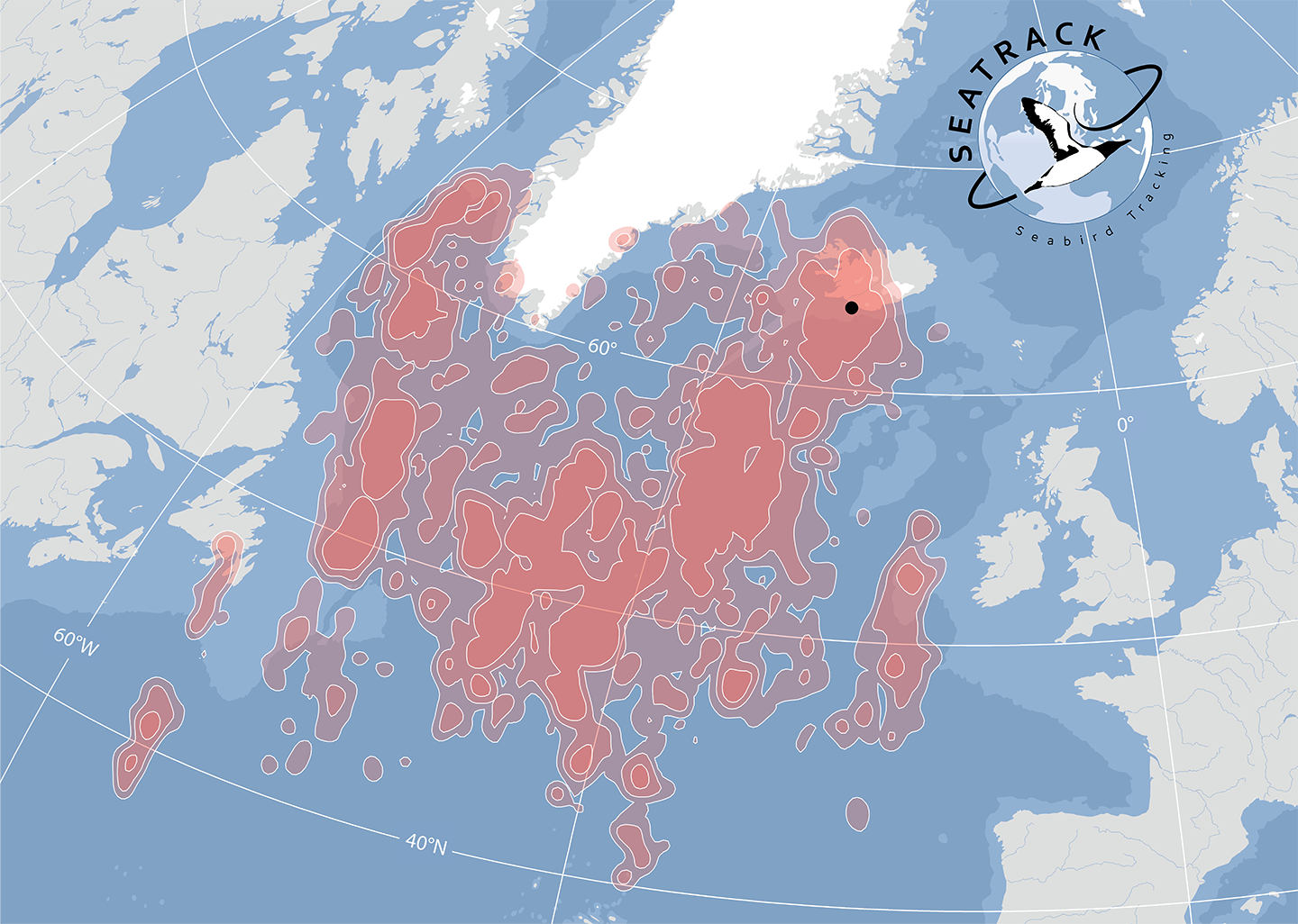 a map of GLS data showing where puffins spend their time at sea