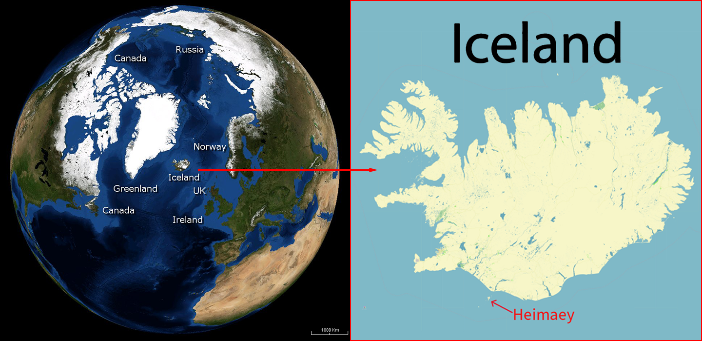 a composite of a satellite image of Earth rotated to show the location of Iceland, and a map of Iceland, showing the location of Heimaey