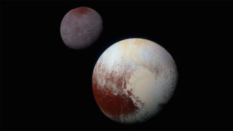 The dwarf planet Pluto, whose surface is dominated by a light heart-shaped feature, is in the foreground. Its moon Charon sits slightly behind and to the left.