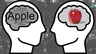 Outlines of two heads facing each other. One contains an image of a red apple; the other contains several descriptive words including "apple" to illustrate the concept of aphantasia.