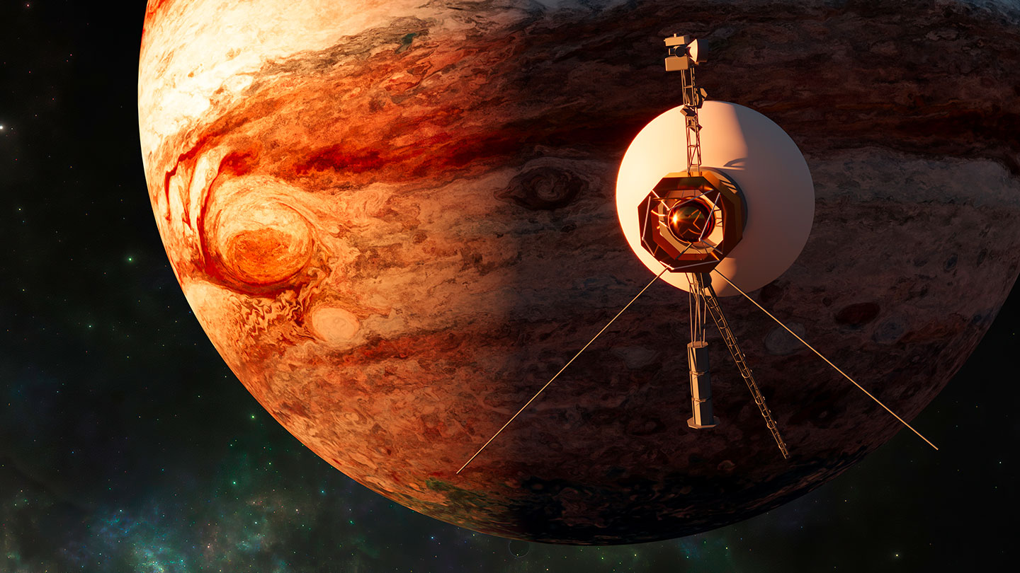 an illustration showing one of the Voyager space probes passing close to the planet Jupiter