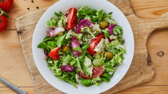 an artistically arranged plate of salad with mixed greens, raddichio, tomatoes and olives