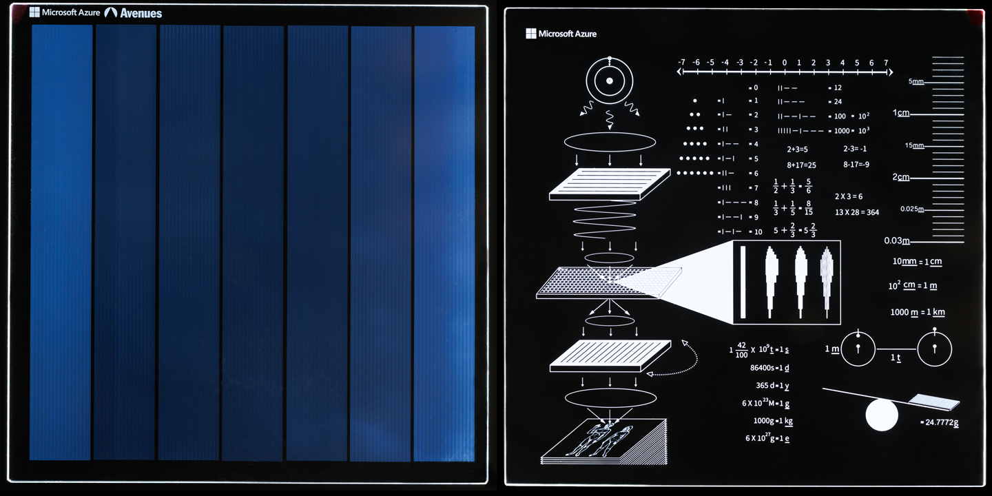 two sample glass data platters, on the left the platter is square and ‌looks as⁤ though it has blue stripes ​in ⁢varying gradients etched⁣ in, on the right is an etching showing how to read data from the plate and how ⁣people count and measure things