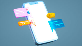 Digital generated image of abstract smartphone with pop up message chat icons against blue background. Artificial intelligence chatbot communication concept.