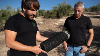 Researcher at the University of Granada, Raul Rojano (L) and Juan Manuel Martin, professor at the University of Granada, show an activated charcoal infiltrator used in the irrigation system that they have developed and patented to prevent olive trees from withering in Baena near of Cordoba on August 30, 2023. The infiltrator is a device that lasts over time and takes water directly to the root of the tree without moisture loss in the process