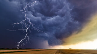 This is a picture of a storm as it is building up over an uncultivated agricultural field and some wind turbines in the horizon. It was shot at a location in the eastern part of the Netherlands.