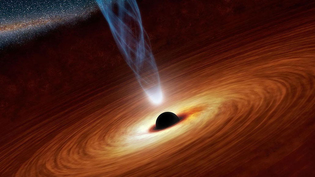 an illustration of a black hole, a black sphere with bright energy swirling around it, and a vortex of light beaming from the top 